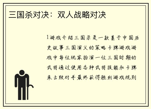 三国杀对决：双人战略对决