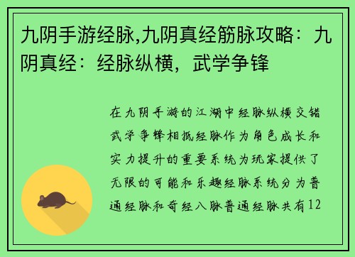 九阴手游经脉,九阴真经筋脉攻略：九阴真经：经脉纵横，武学争锋